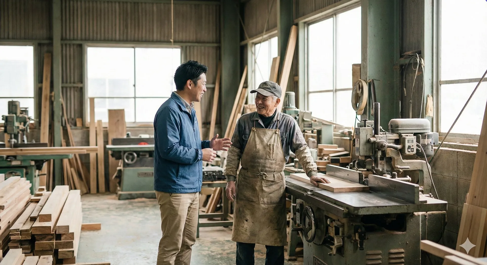 木工工場で営業担当がお客様と話している様子