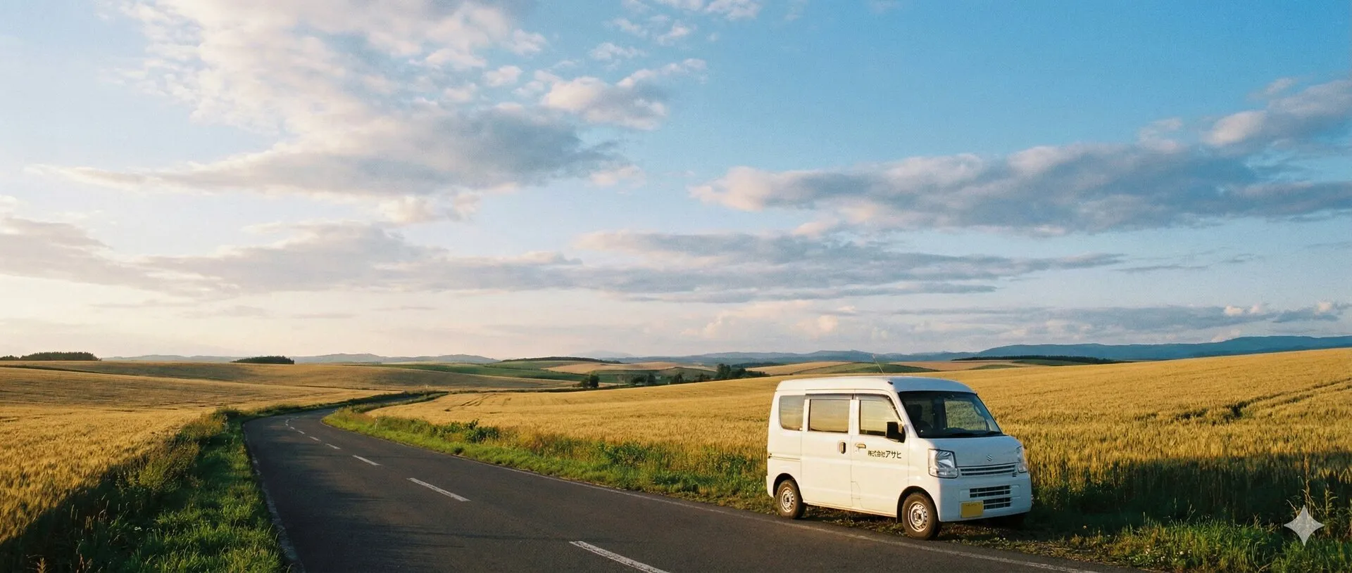 北海道の広い空と営業車