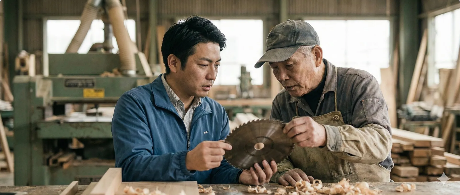 営業担当とお客様が刃物を見ながら相談している様子